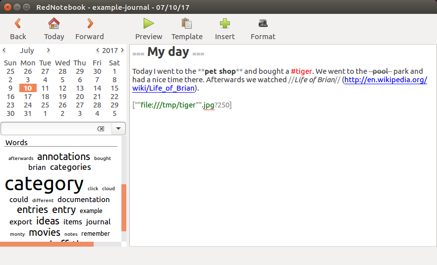 RedNotebook interface with calendar view